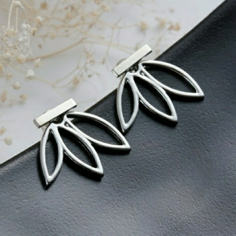 Silver Tone Bar Lotus Jacket earrings - Picture 5 of 6